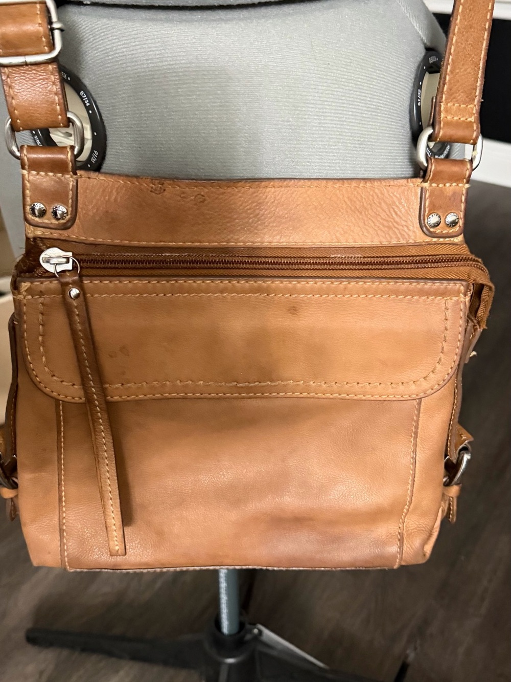 Fossil Tan Leather Messenger Crossbody Bag - Adjustable Strap